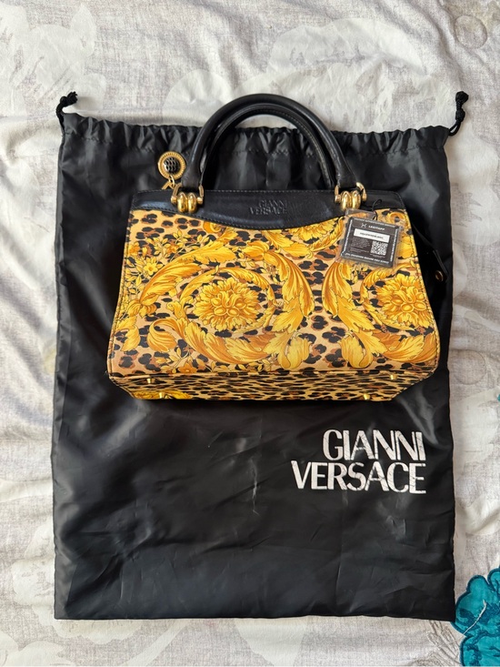 Versace Handbags - Versace Yellow Baroque & Leopard Print Satchel with Black Handle